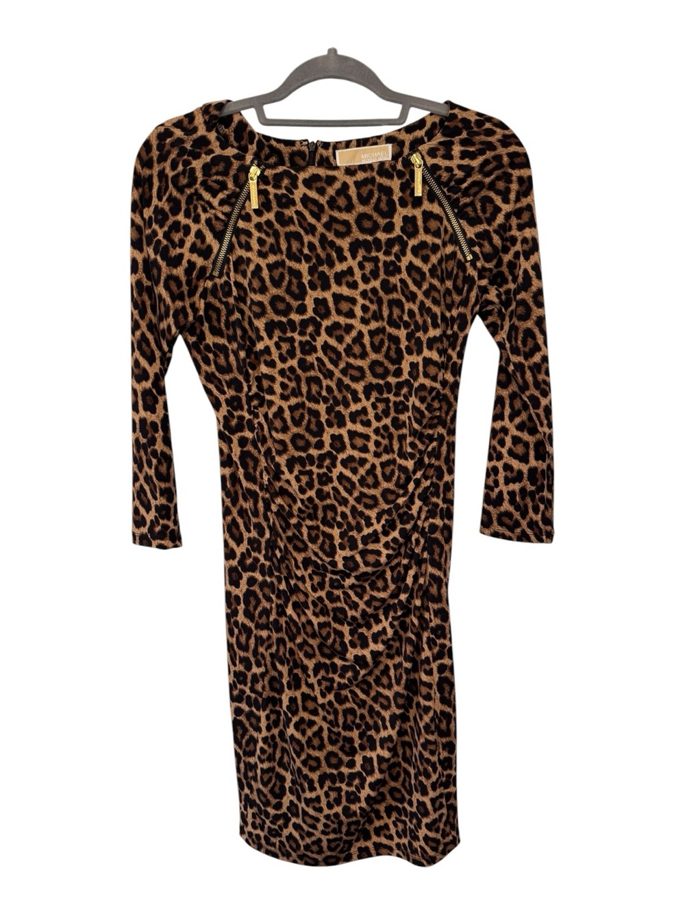 Michael Kors Leopard Print Ruched Sheath Dress Brown/Black Size Small 3/4 Sleeve - Picture 2 of 15